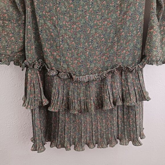 September Floral Frill Yoke High Neck Tiered green Mini Dress size S - Picture 4 of 7